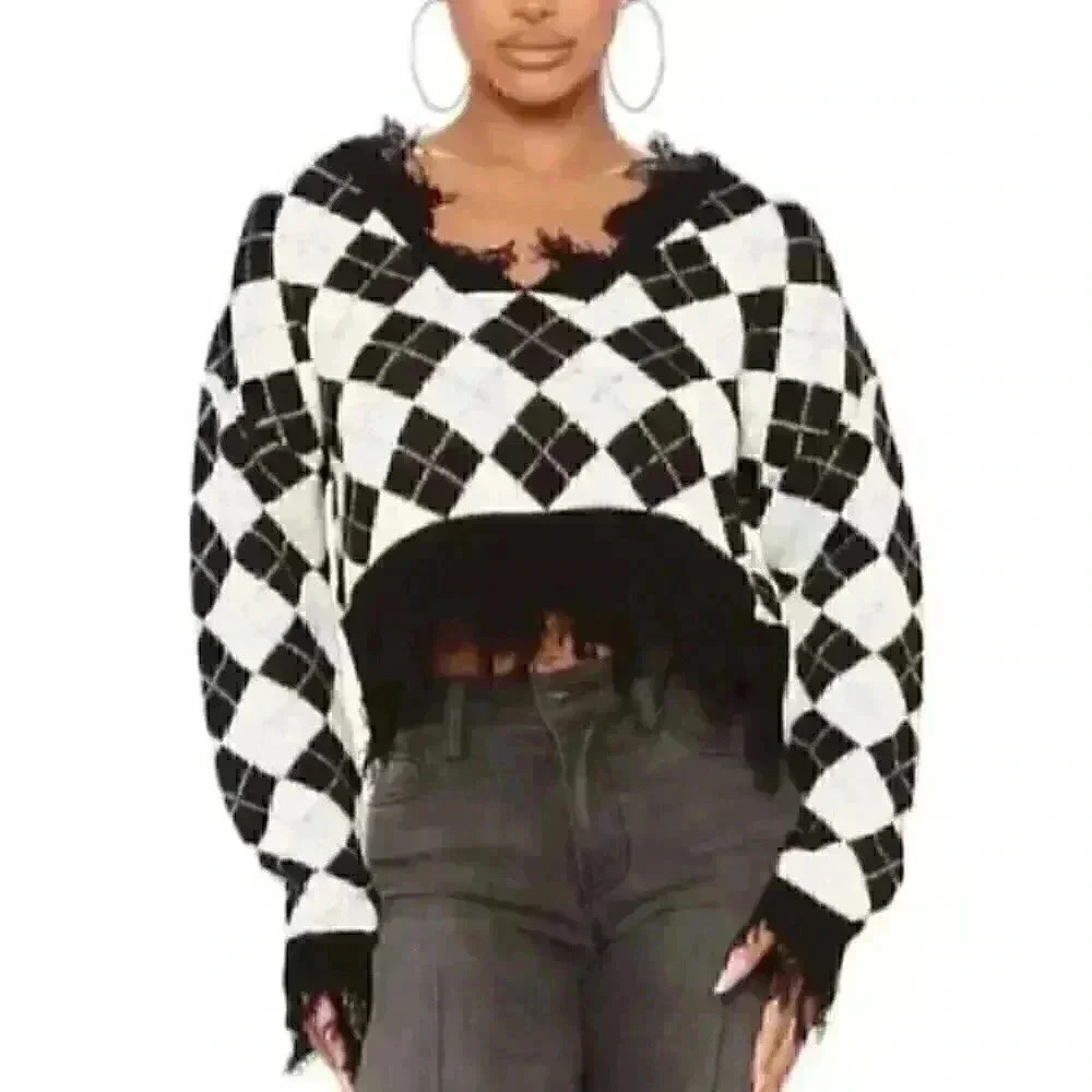 Just‎ Polly New York Knit Argyle Cropped Fringe Sweater Women's Juniors Medium